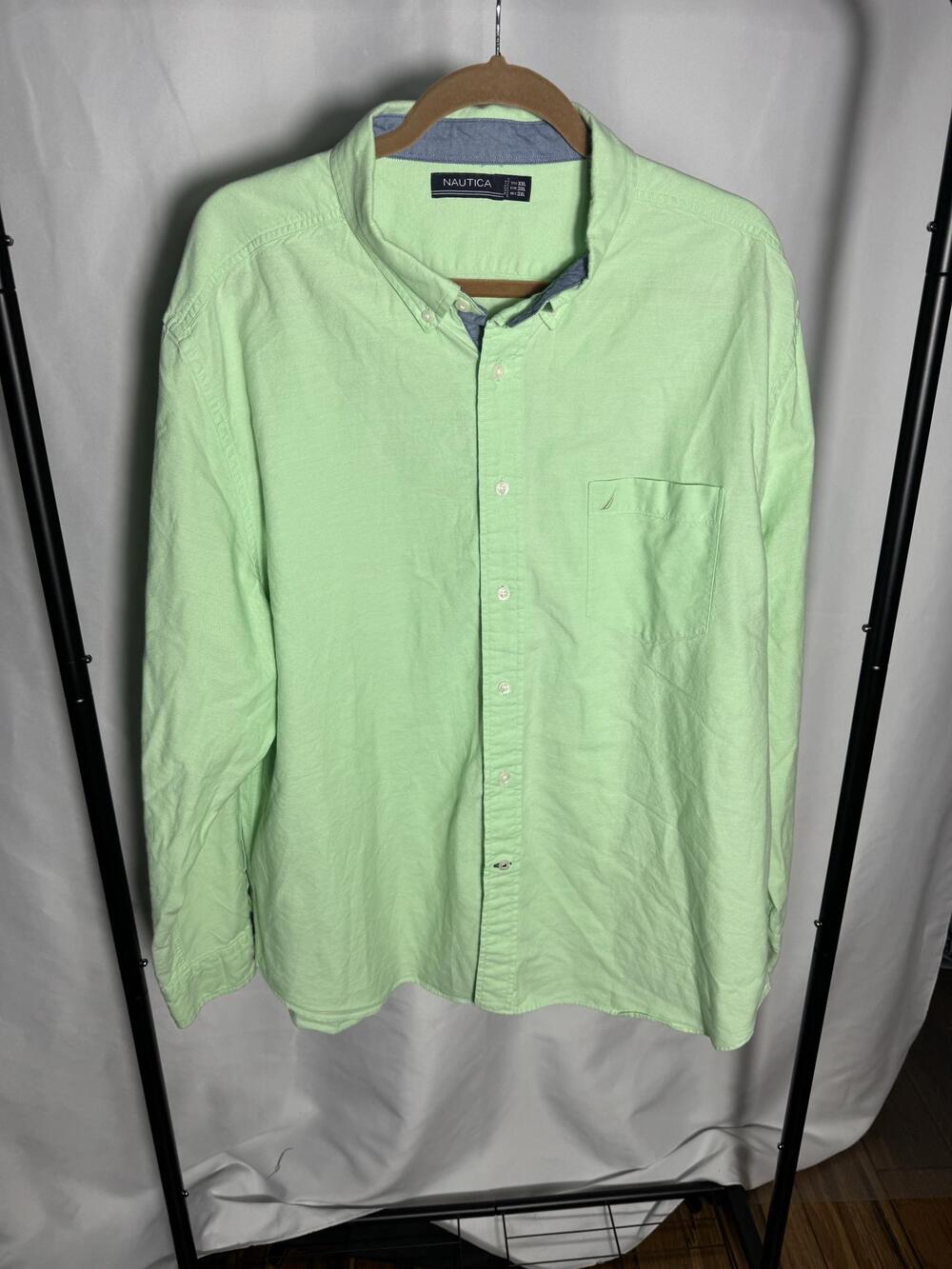 Nautica Shirt Mens 2XL Green Solid Long Sleeve Button Down Casual Pocket Logo